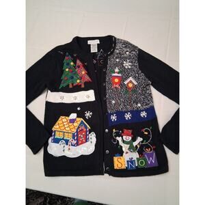 Ugly Christmas Cardigan Womens M Black Pom Pom Button Snowman Tree Plaid Beads